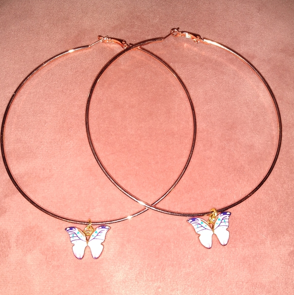 Huge Rose Gold Pink Butterfly Charm Hoops Big XL Oversized Hoop Earrings KATTA - Picture 2 of 9